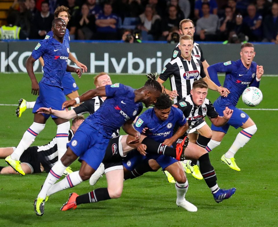  Michy Batshuayi goes close with a header as a strong Chelsea side rub in the pain for Grimsby