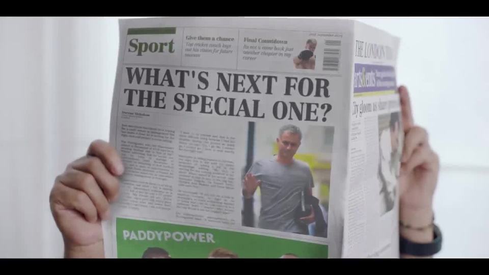  The ad starts with Mourinho reading a newspaper discussing his future