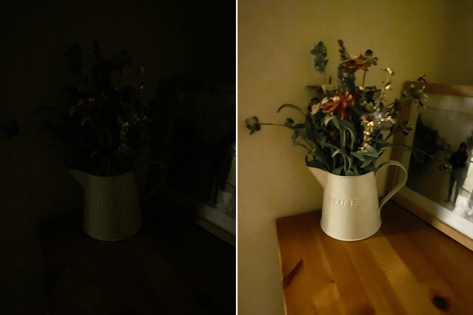  This comparison image demonstrates how much of a difference Night Mode can make. They were taken in the exact same lighting – Night Mode is off on the left, and switched on for the right image. No flash or tripods were used for the image on the right