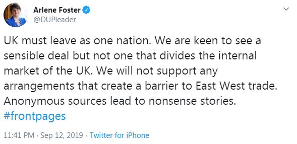  She tweeted last night in response saying the party would not support 'a barrier to East West trade'