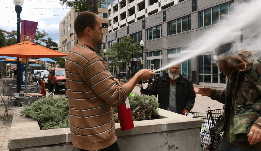  Restaurant owner Alex Jamison was filmed spraying Jon Bird in the face with a fire extinguisher