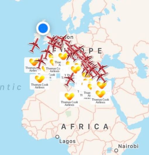  Online flight trackers this morning showed Thomas Cook planes making their way back to their UK bases to be grounded