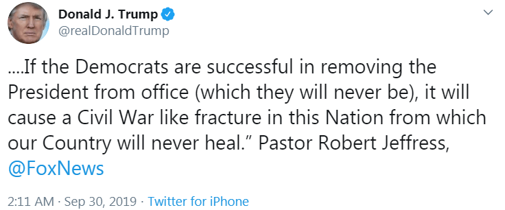  Trump posted an incendiary tweet quoting Pastor Robert Jeffress' interview with Fox News on Sunday