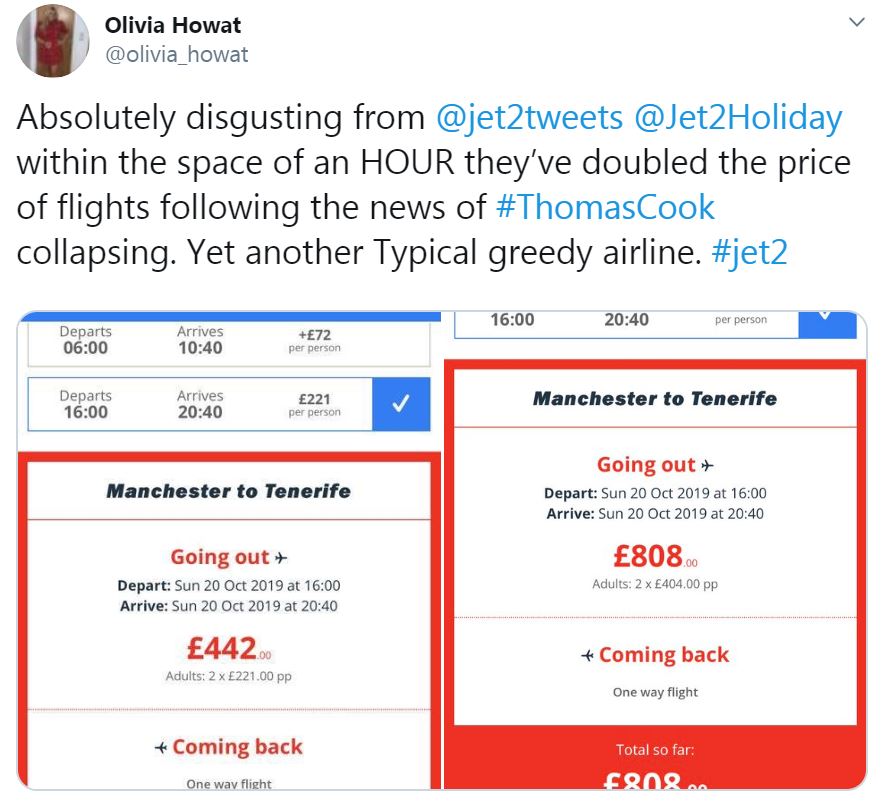 One woman showed a Jet2 holiday had doubled in price