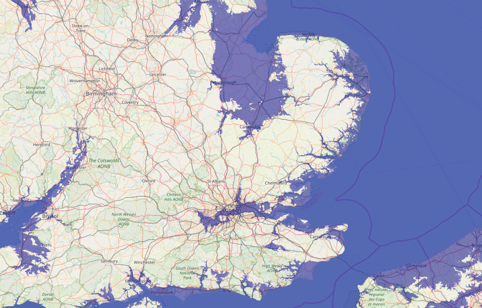  This map shows what would happen to the UK if a 20 metre sea level rise occurred