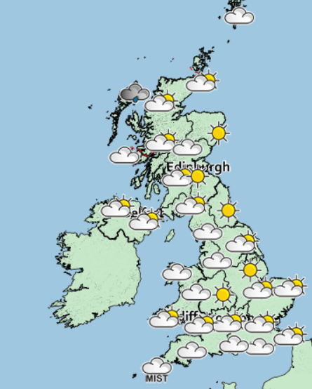  UK weather forecast - This Met Office weather map shows sunny skies across much of the UK on Wednesday evening