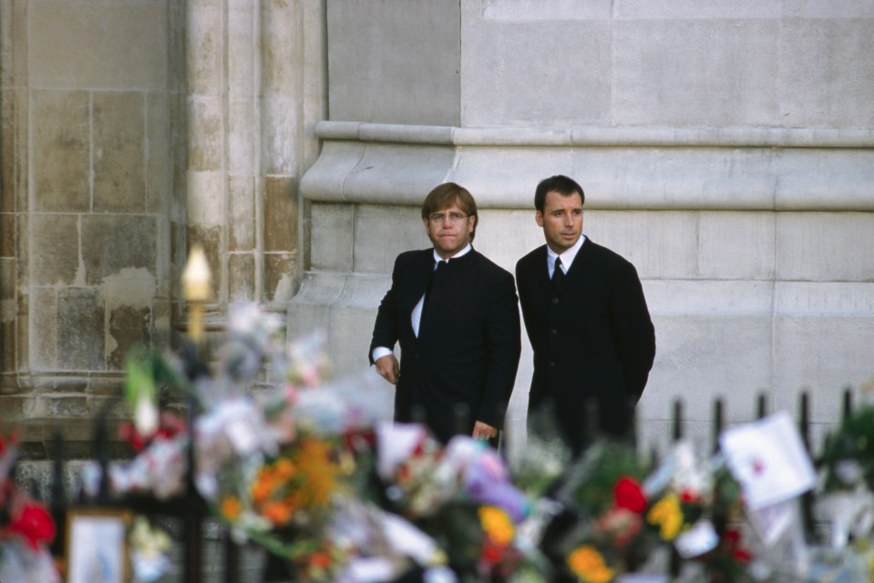  Elton John arriving with David Furnish at the funeral of Diana, Princess of Wales