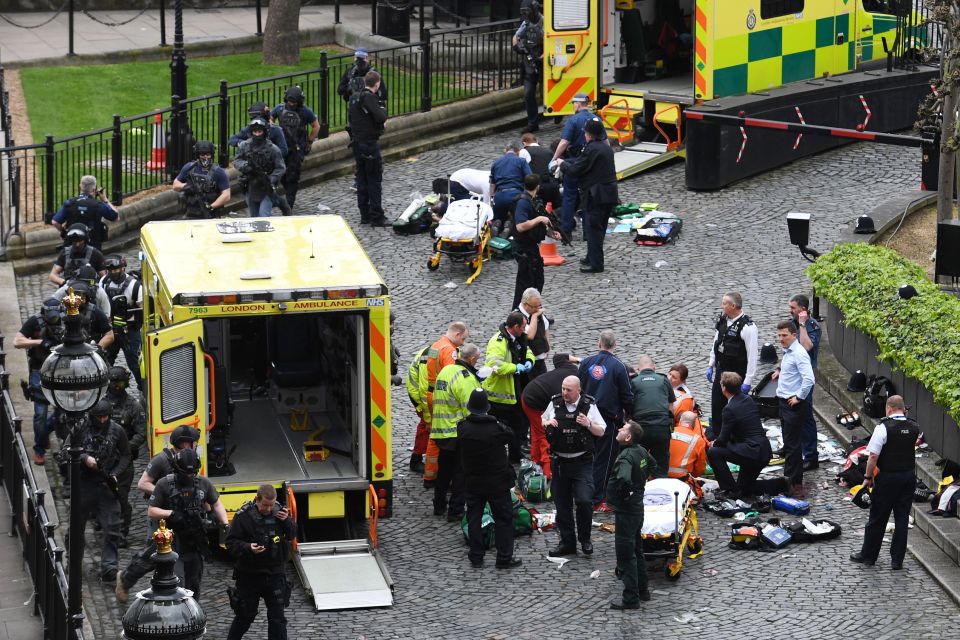  Emergency services at the scene outside Westminster where PC Keith Palmer was fatally stabbed by Khalid Masood