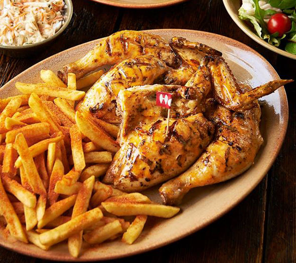  A Nando's 1/2 chicken with peri-salted chips comes in at 1055 calories