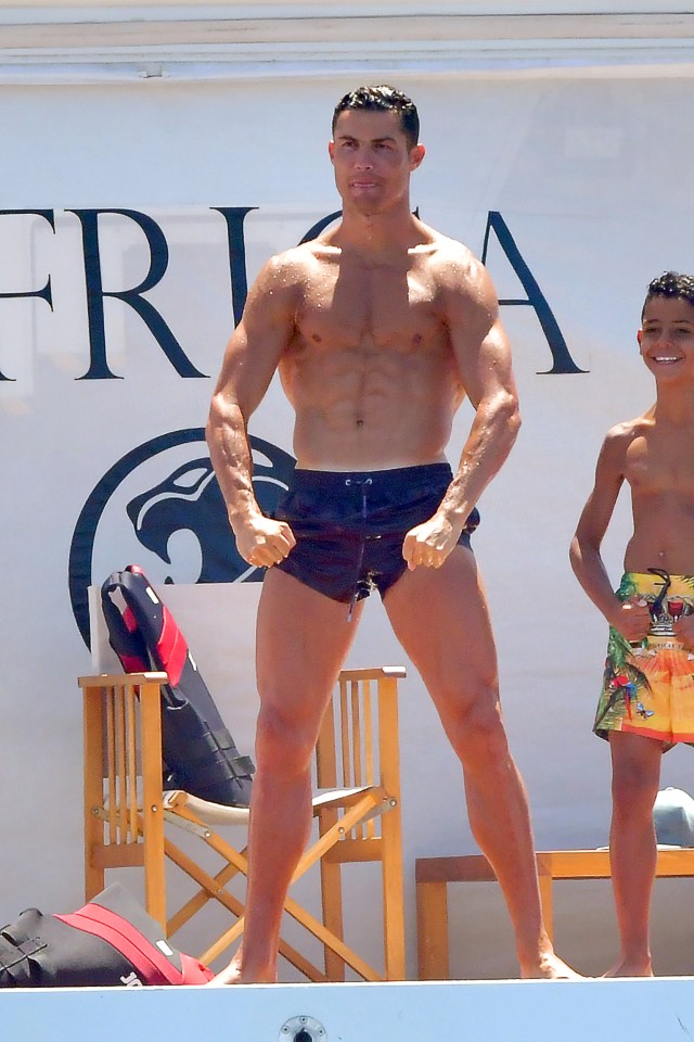 The Man Utd star shows off his physique with Cristiano Jr