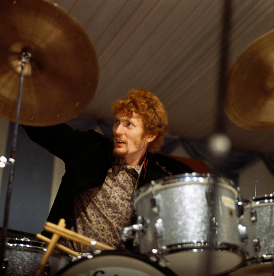  Ginger Baker in action on the drums during Cream's first live appearance at Windsor Festival