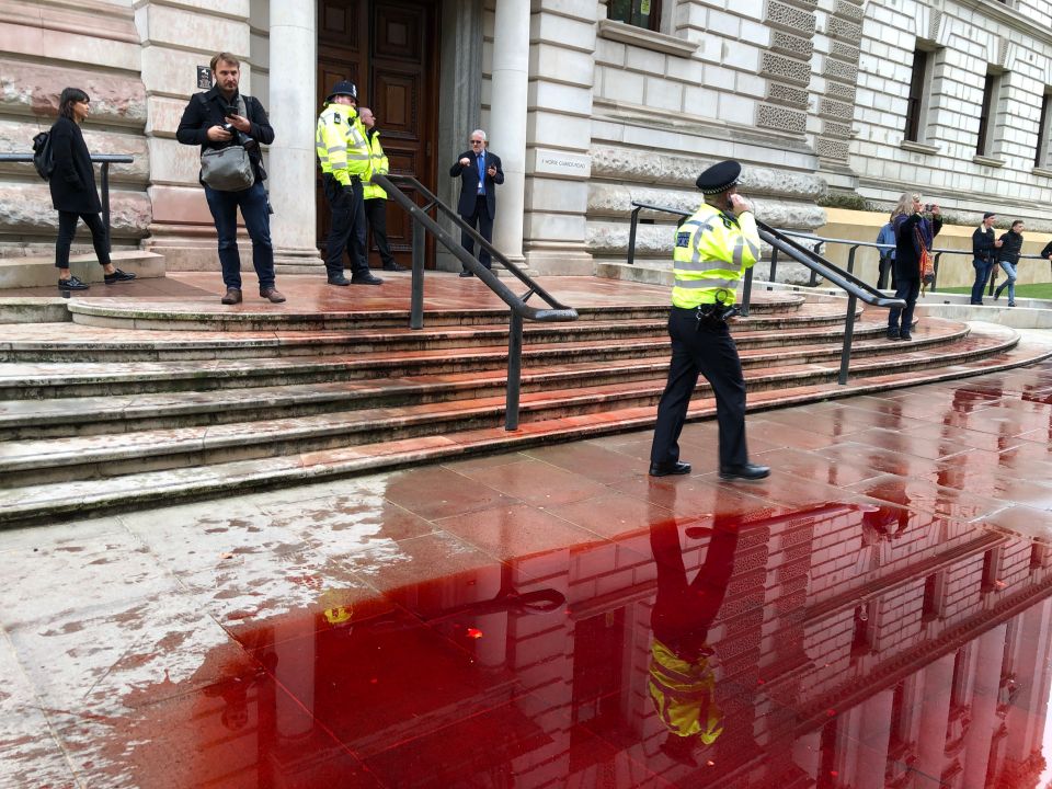  The stunt at the Treasury went badly wrong when protesters couldn't control the hose on the fire engine