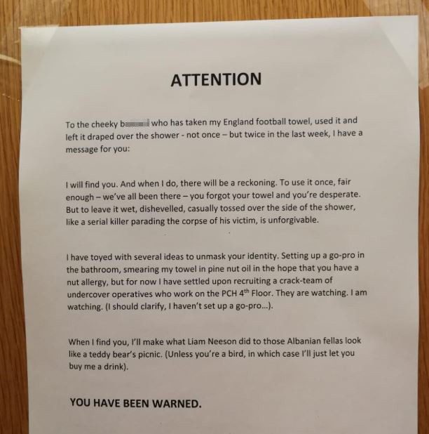  The man left the hilarious note on the bathroom door after his towel was used