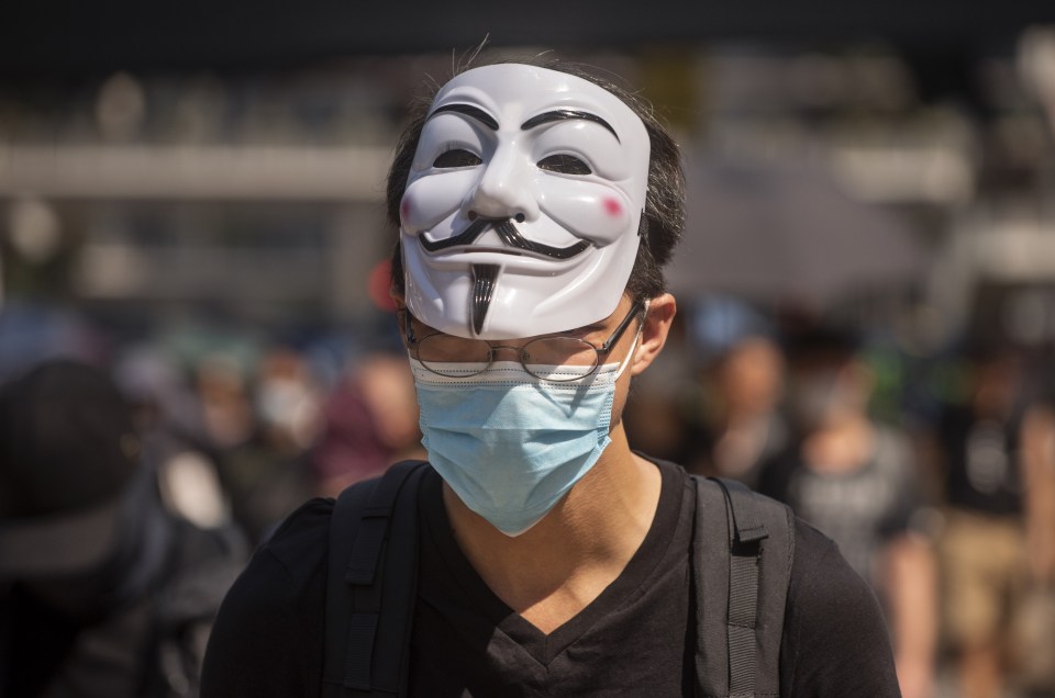  A young man dons an Anonymous face mask to fight the ban