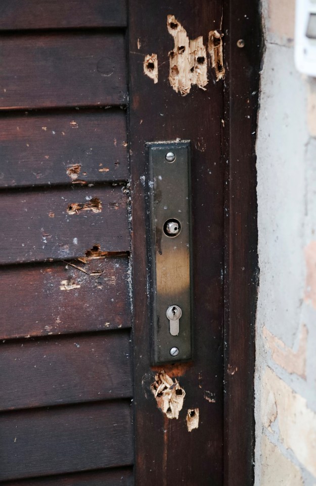 The damaged door of the synagogue is seen scattered with bullet holes