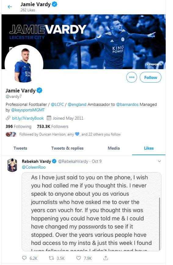  Vardy liked his wife's tweet when she replied to Coleen Rooney's explosive statement