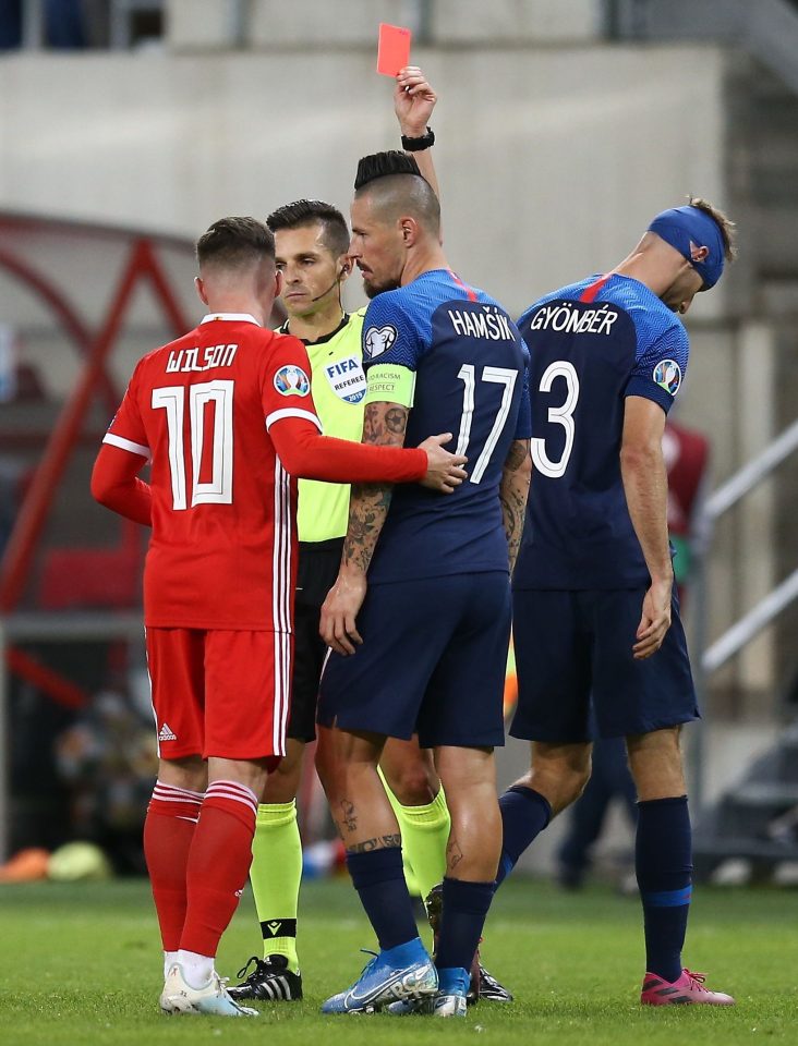  Norbert Gyomber sees red late on for Slovakia in the 1-1 draw with Wales