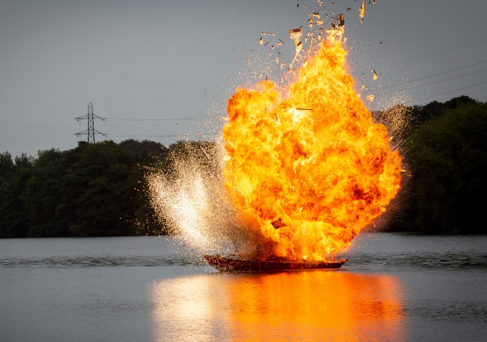  Moira’s pushed overboard and becomes trapped in weeds underwater. While above on the surface, a petrol canister has been leaking and soon a huge explosion rips through the boat, threatening to kill those on board