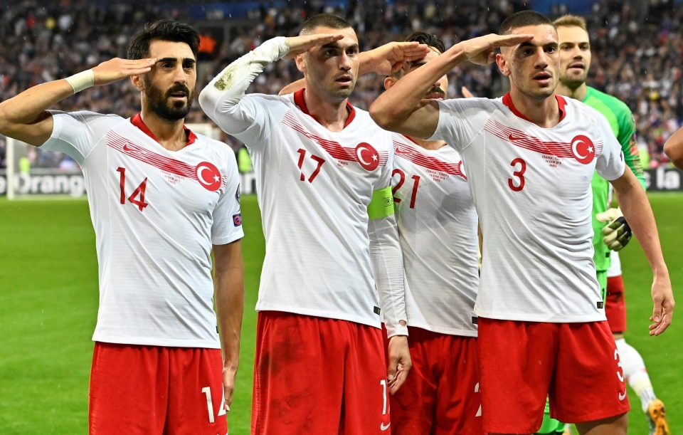  Turkey players make their controversial military salute after Kaan Ayhan bagged a late equaliser during the 1-1 draw in France