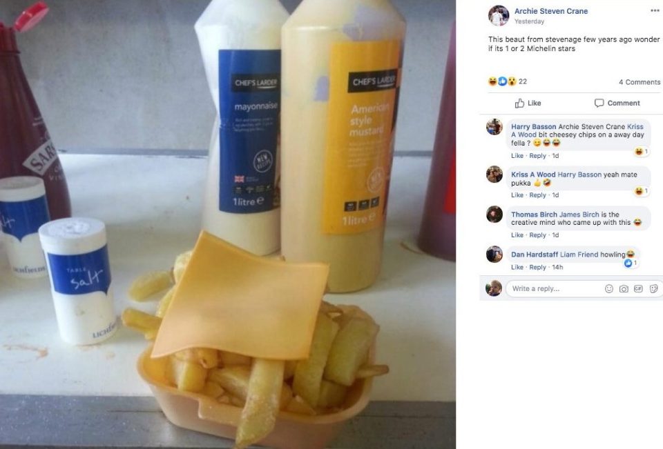  Archie Crane then posted a photo of his cheesy chips he said he purchased at League Two Stevenage