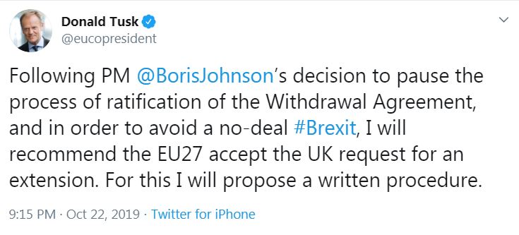 The European Council president tweeted his response after Mr Johnson said he would pause the Brexit deal