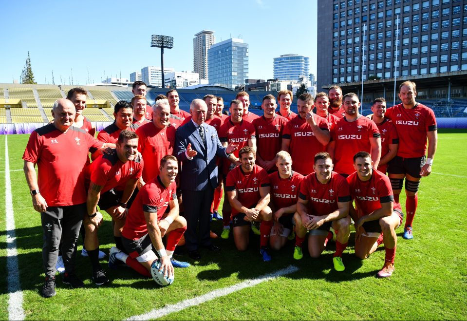  Prince Charles pictured with the members of the Wales rugby team while on his tour of Japan