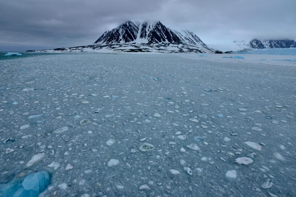 Sea ice can be seen here amongst some islands in the archipelago of Novaya Zemlya