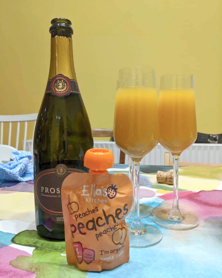  She's found a second use for her kids' baby food pouches - making a peach bellini mummy cocktail for her mates