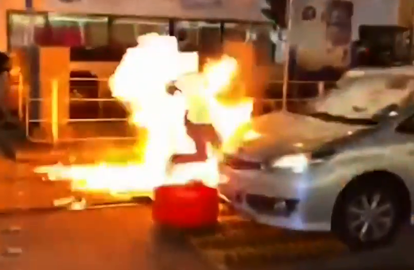  Footage shows the officer engulfed in flames after he was firebombed in the street