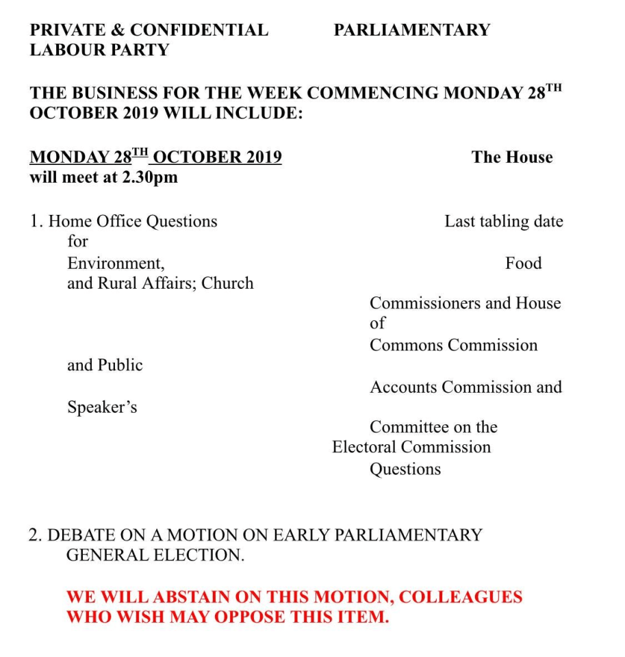 Labour’s whipping arrangements showing they will abstain in a vote relating to a December snap election