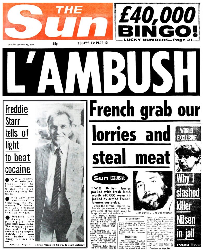  In 1984 Britain became involved in a row with France over quotas of our lamb being sold across the Channel. When British truckers were attacked by armed French farmers, our headline was perfect – L’AMBUSH. It had lamb, ambush, and even sounded French