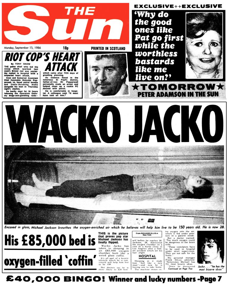  In 1986 superstar Michael Jackson was pictured sleeping in an oxygen chamber in a bid to defy ageing. The Sun dubbed him Wacko Jacko, a nickname which lasted throughout his career. Jackson, who died in 2009, remains controversial amid allegations of child sex abuse