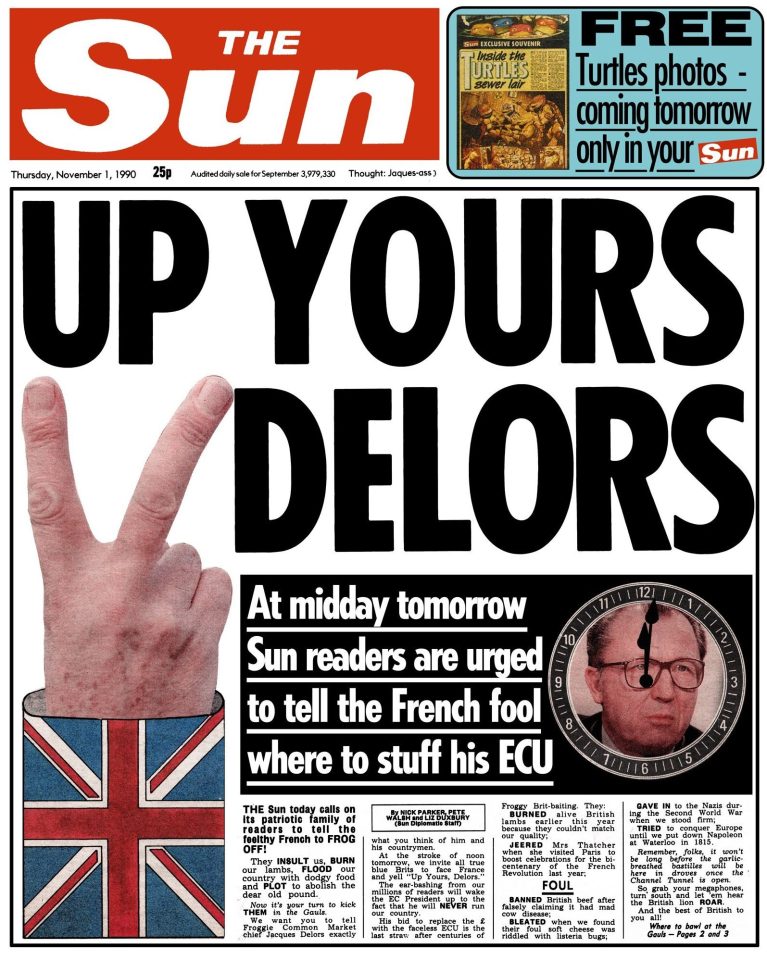  In this iconic 1990 front page The Sun stuck two fingers up at Jacques Delors, President of the European Commission, who was pressing for ever-closer political integration between EU states. Sun readers were growing increasingly uneasy over the path Brussels was taking