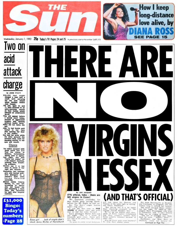  A splash out of nothing for a quiet New Year’s Day, at the height of the early 90s “Essex girl” joke fad. When the Editor discovered no virgins from Essex had called a special phone line, he decided it was the best bet for Page One. The word NO was made bigger to make it fit