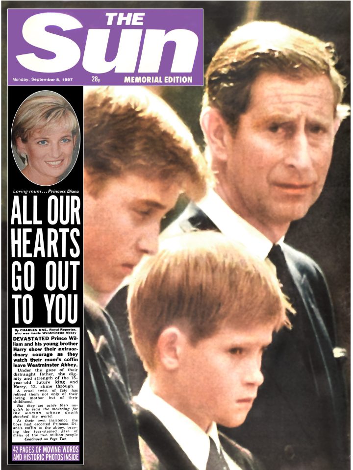  Princess Diana’s 1997 death in a Paris car crash shocked the world, and the poignant images of Princes William and Harry, and their father Prince Charles, watching her coffin leave Westminster Abbey were heartbreaking. The Sun reflected the mood of the nation