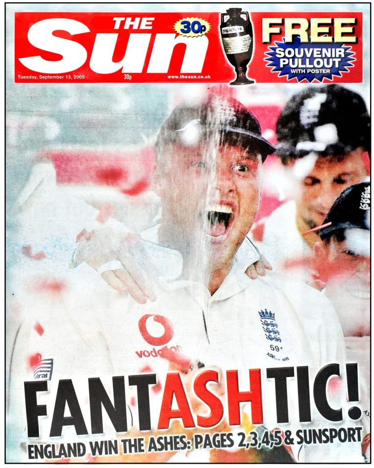  England won the 2005 Ashes series 2–1, with Michael Vaughan’s men overcoming an Australia side packed with legends like Ricky Ponting, Glenn McGrath and Shane Warne. English all-rounder Andrew Flintoff’s boozy celebrations afterwards became the stuff of legend