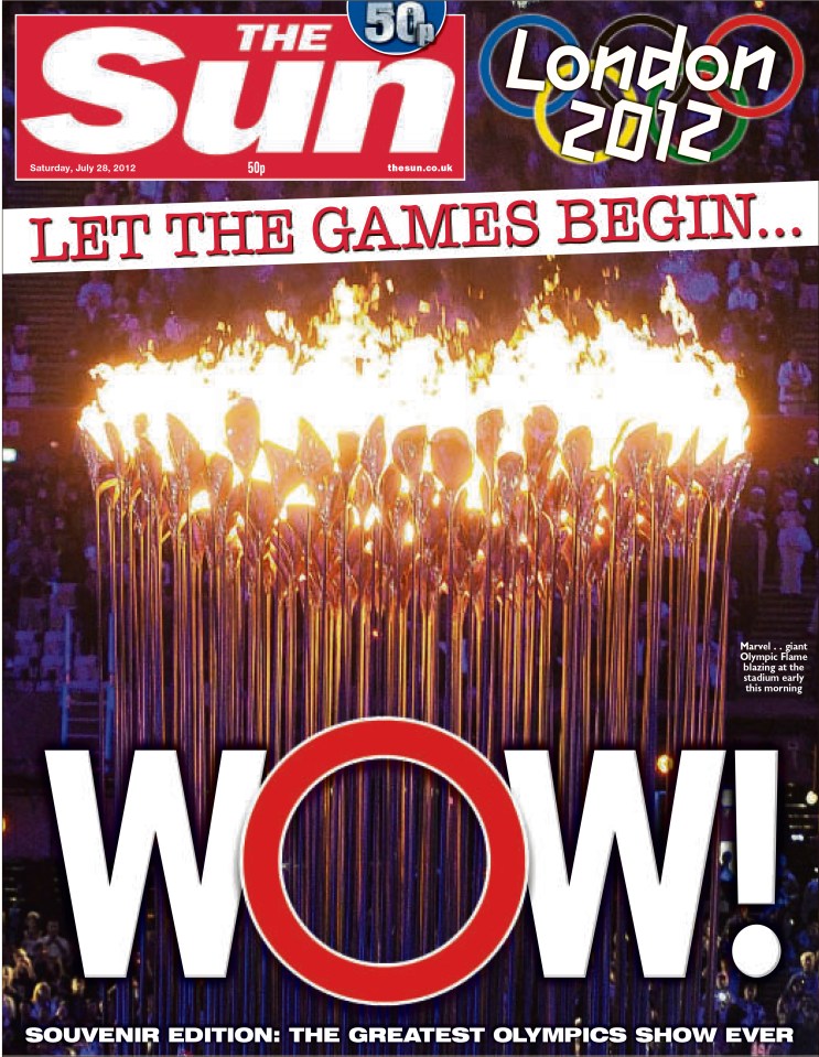  London 2012 Olympics got off with a bang as a breathtaking opening ceremony impressed doubters and won plaudits around the world. The Sun’s splash took one of the Olympic rings and used it to spell out the word everyone was thinking, with Olympic torch in the background