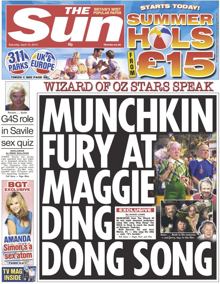  After Lady Thatcher’s death in 2013, left-wing protesters sang Wizard of Oz song “Ding Dong the witch is dead” to mock the former PM. The Sun found the last two surviving munchkin actors from the 1939 movie in the US, and found that they were none to happy