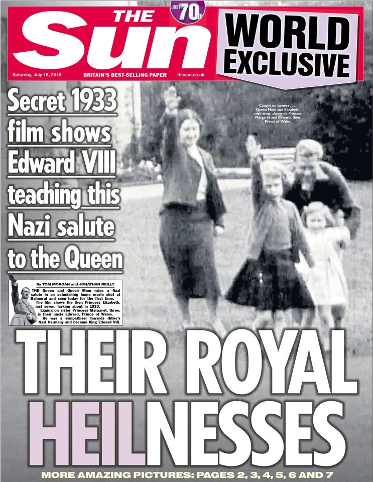  The Queen and Queen Mother give Nazi salutes in a world exclusive picture which gave a fascinating insight into the Royals in the early 1930s. The Queen’s uncle Edward, a Nazi sympathiser who became King Edward VIII, is pictured with them behind young Margaret