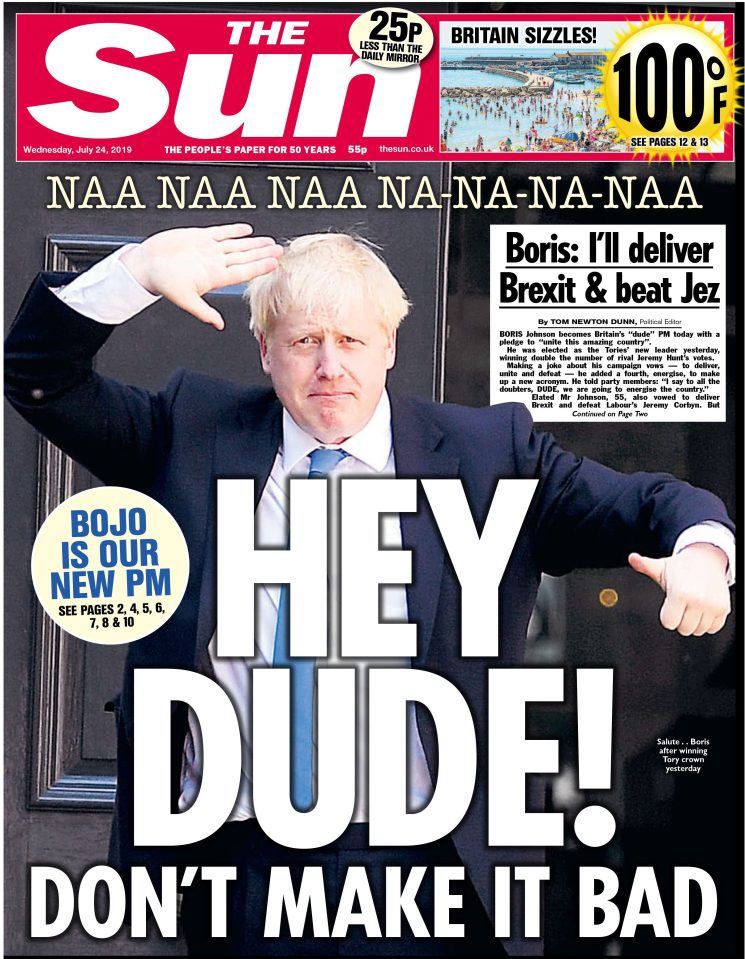  When Boris Johnson was elected Tory leader and soon-to-be PM in July this year, he used the acronym DUDE in his speech to the nation, standing for Deliver Brexit, Unite the country, Defeat Corbyn...and Energise. It inspired this Beatles-inspired singalong front page headline