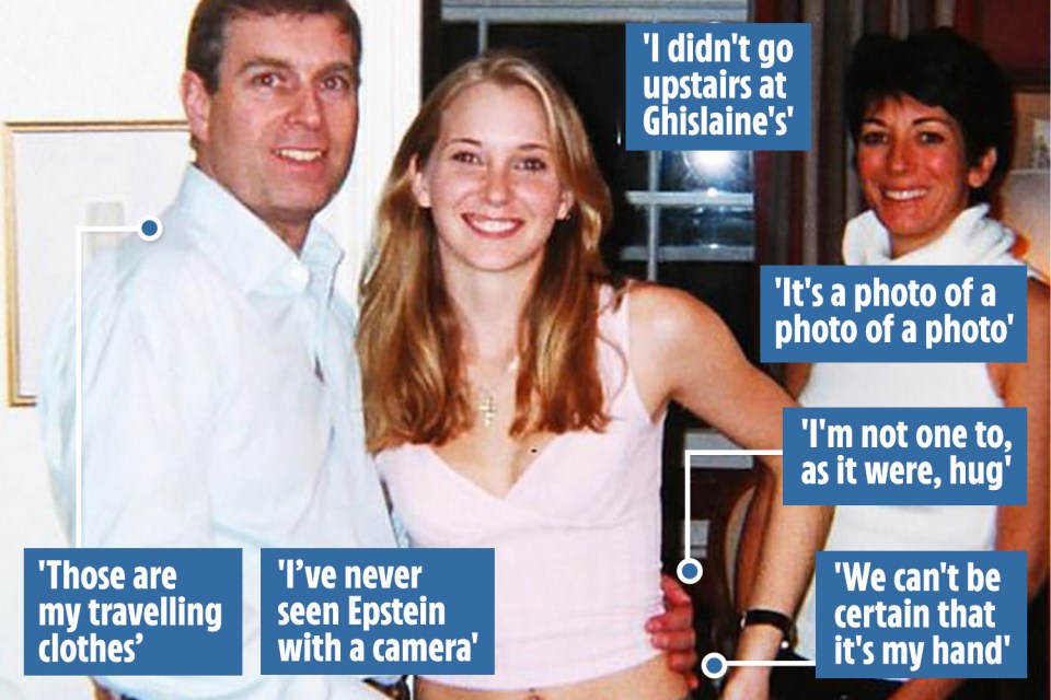  Prince Andrew has suggested that the photo of him with his arm around 17-year-old sex slave Virginia Roberts is fake