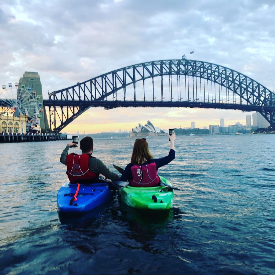  Kirsty and partner Ross enjoyed a coffee while kayaking in the middle of Sydney Harbour