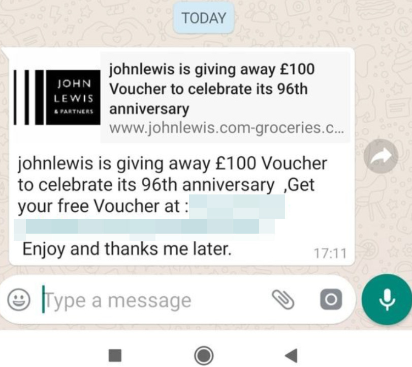  This fake John Lewis offer is being sent around via WhatsApp