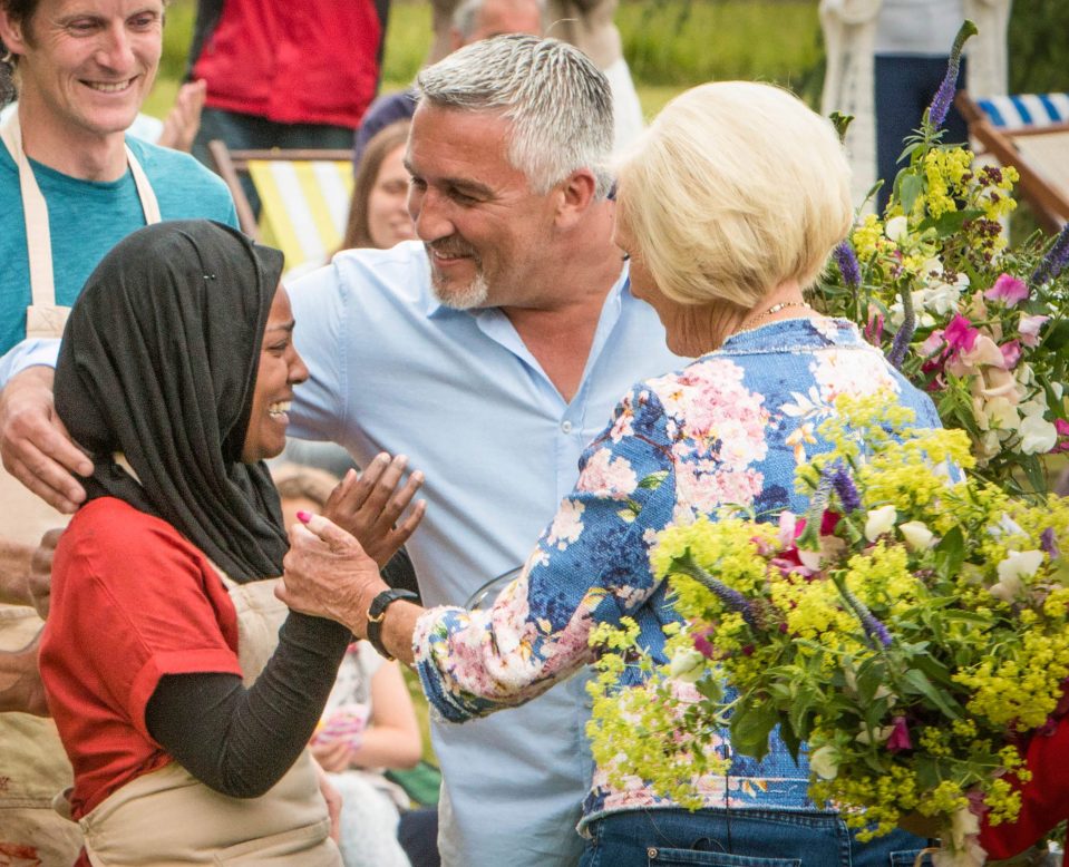 Paul Hollywood and Mary Berry congratulate Nadiya on her Bake Off victory in 2015