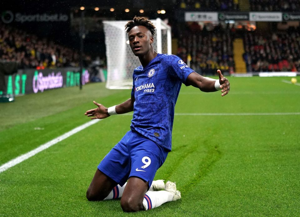  Chelsea's England striker Tammy Abraham celebrates his fifth-minute opener at home to bottom side Watford