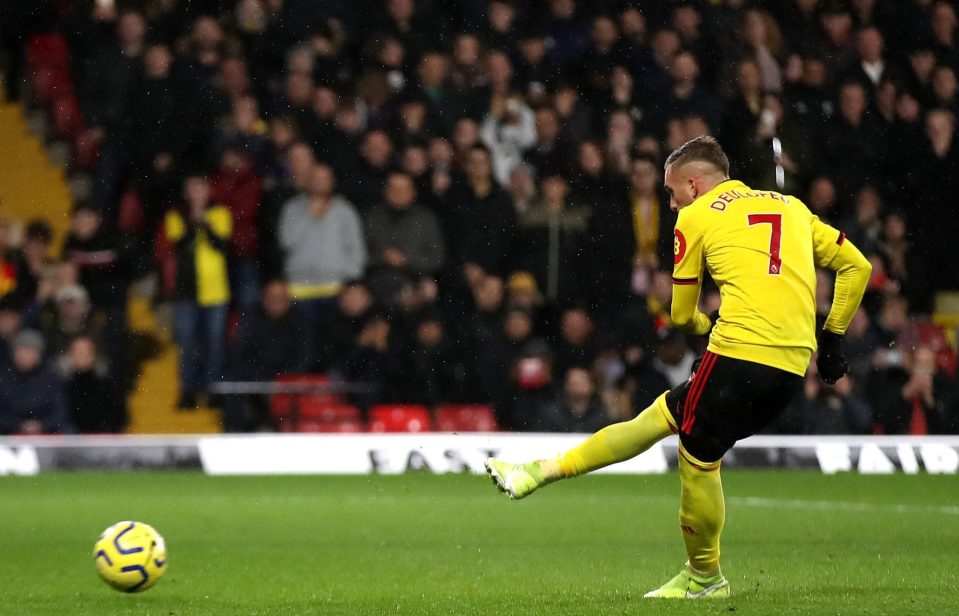  Spanish attacker Gerard Deulofeu sends Kepa Arrizabalaga as he cuts the Watford deficit to 2-1 with a late penalty