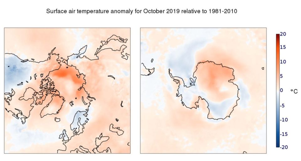  Temperature changes over Antarctica and Greenland from October 1981-2010 to October 2019