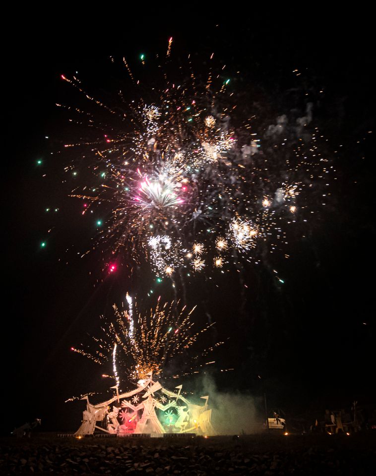  A fireworks display takes place ahead of a 'Greatest Showman' themed bonfire being burned in Skinningrove, North Yorkshire