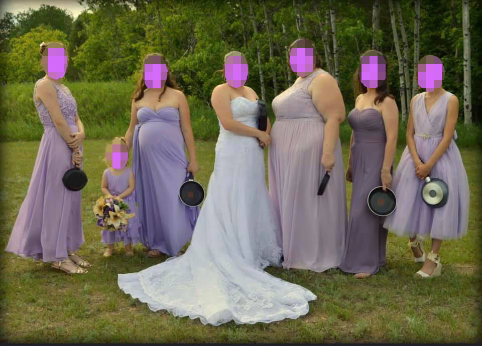  The bride got her pals to walk down the aisle holding frying pans instead of floral bouquets like Rapunzel