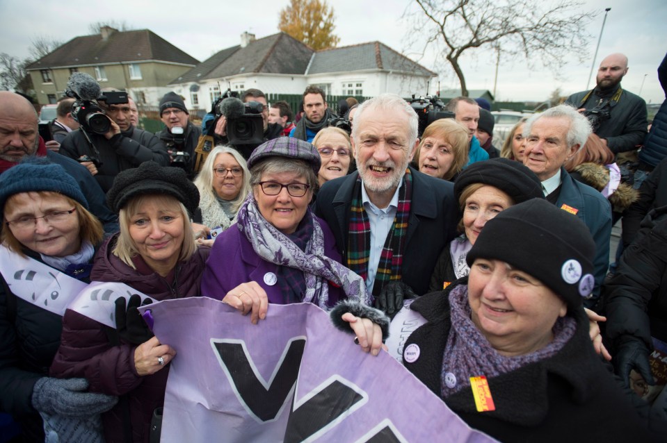  Labour leader Jeremy Corbyn with members of Waspi, after the party pledged to right the 'historical wrong'